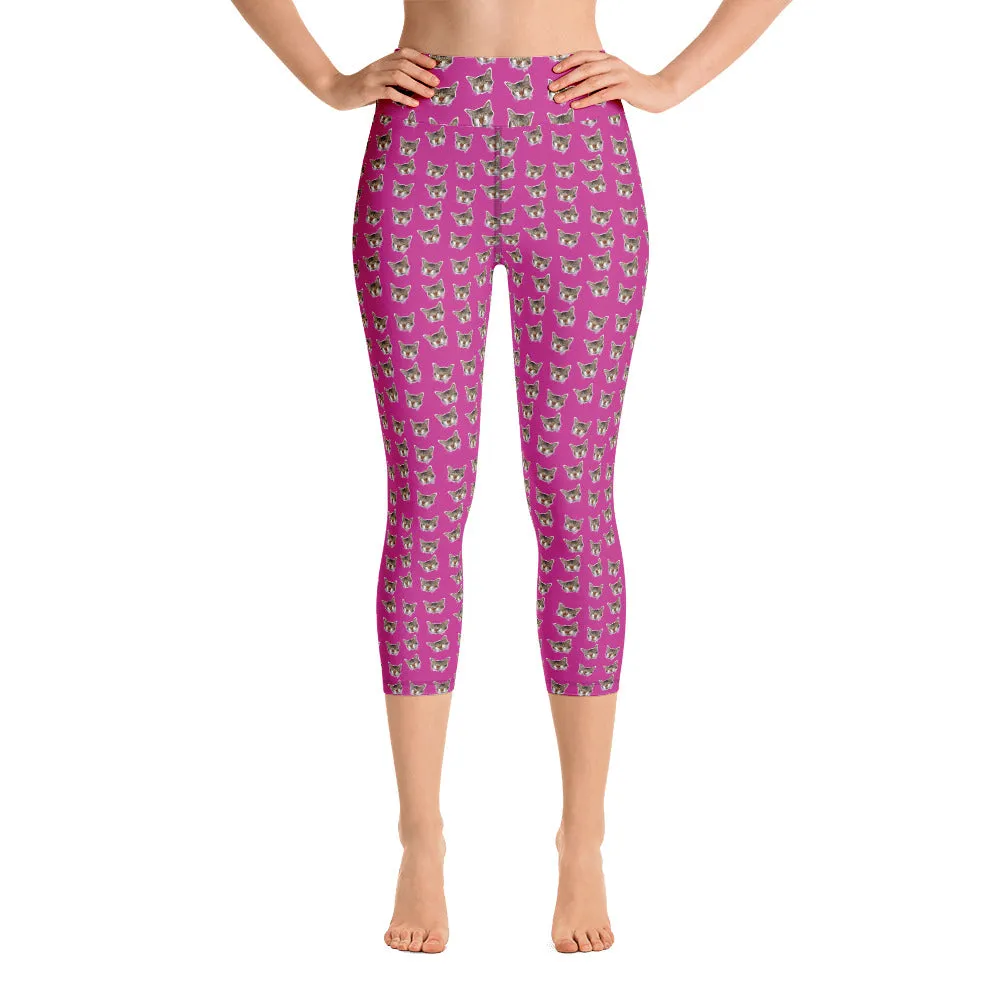 Hot Pink Cat Capri Leggings, Cute Cat Women's Yoga Capri Tights Pants-Made in USA/EU