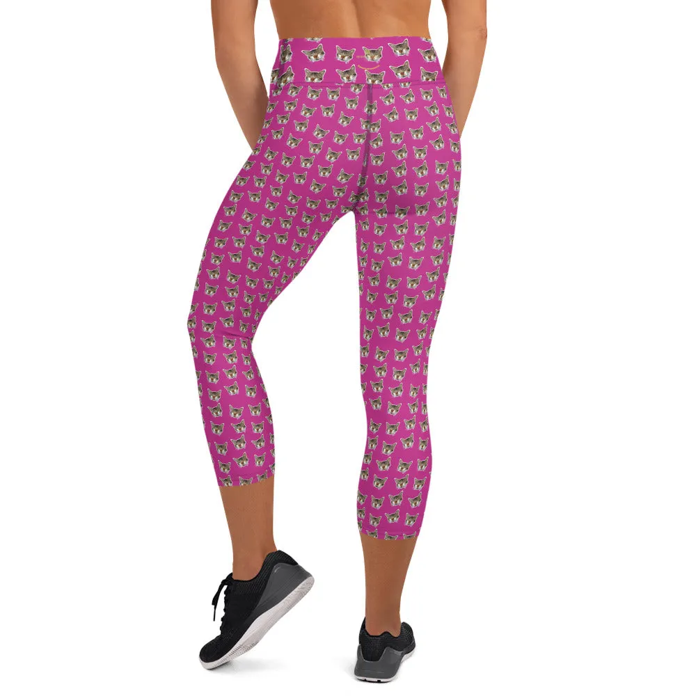 Hot Pink Cat Capri Leggings, Cute Cat Women's Yoga Capri Tights Pants-Made in USA/EU