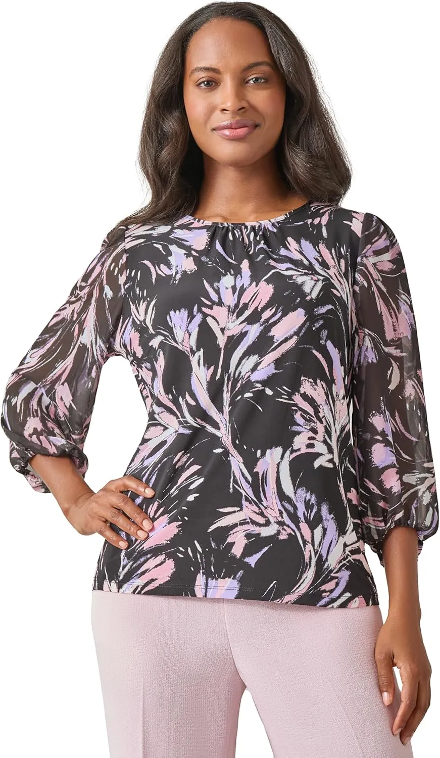 Kasper Women's Printed Ity Shirred Nk Blouson SLV Top W