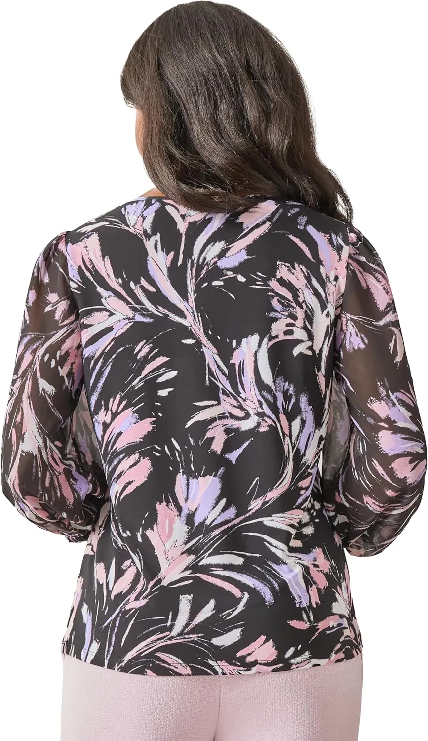 Kasper Women's Printed Ity Shirred Nk Blouson SLV Top W