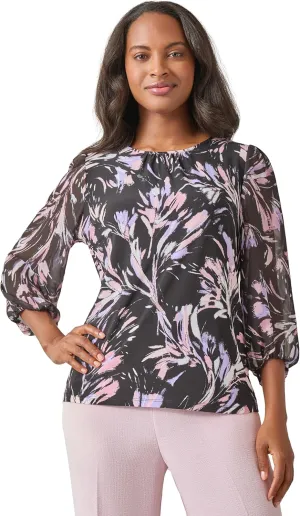 Kasper Women's Printed Ity Shirred Nk Blouson SLV Top W