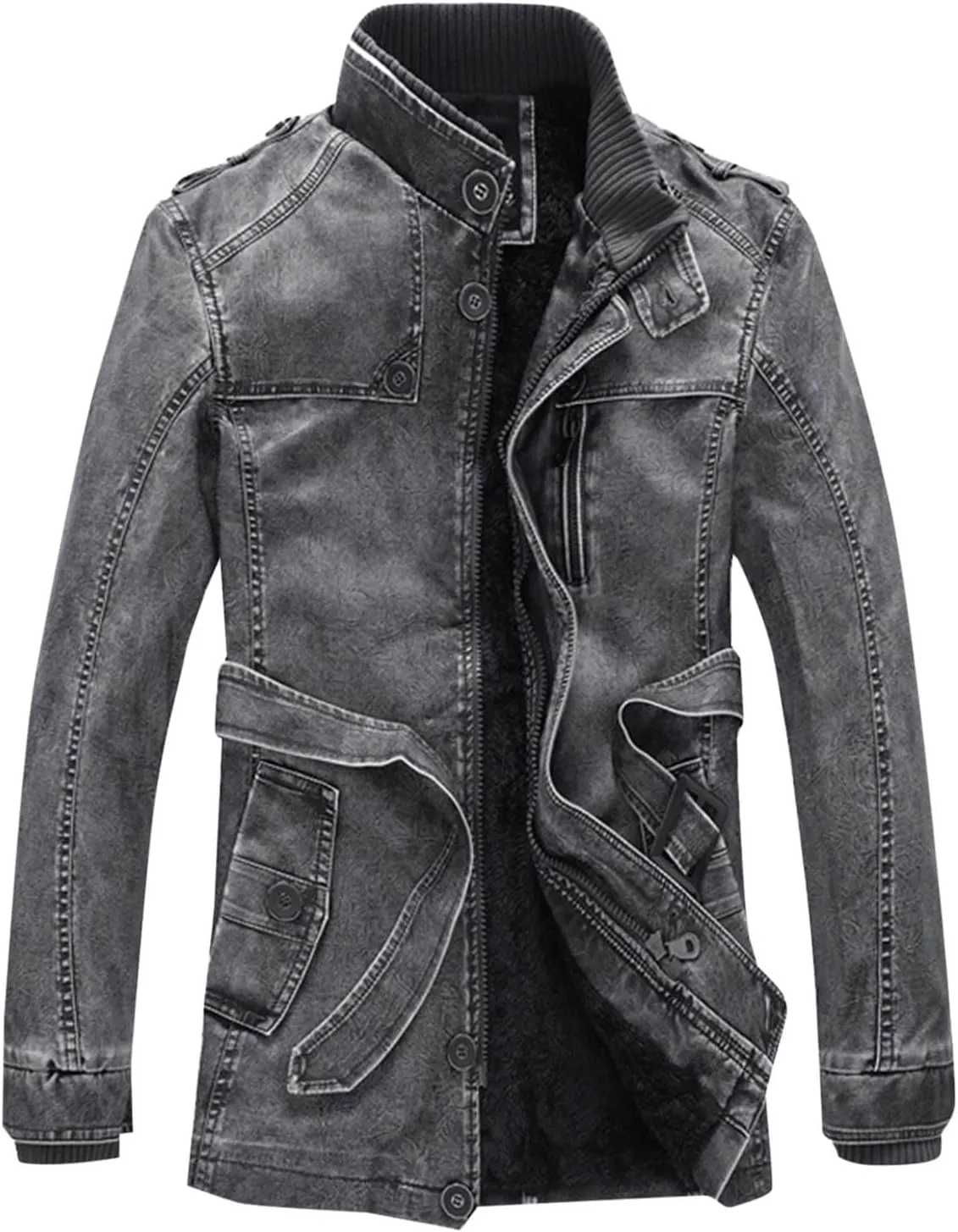 Leather Jacket with Belt Men Stand Collar Moto Jacket Slim Fit Biker Jacket Vintage Faux Leather Winter Jacket