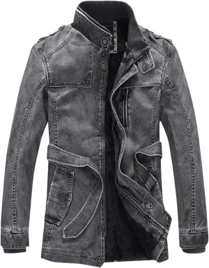 Leather Jacket with Belt Men Stand Collar Moto Jacket Slim Fit Biker Jacket Vintage Faux Leather Winter Jacket