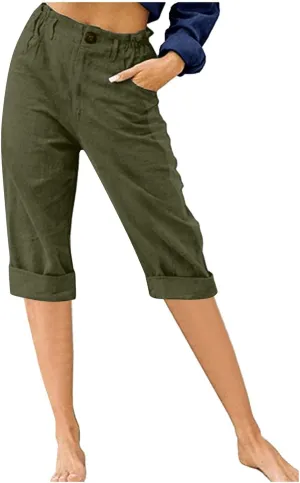 Linen Capri Pants for Women Trendy Summer Capris Solid Color Botton Cropped Pant with Pockets