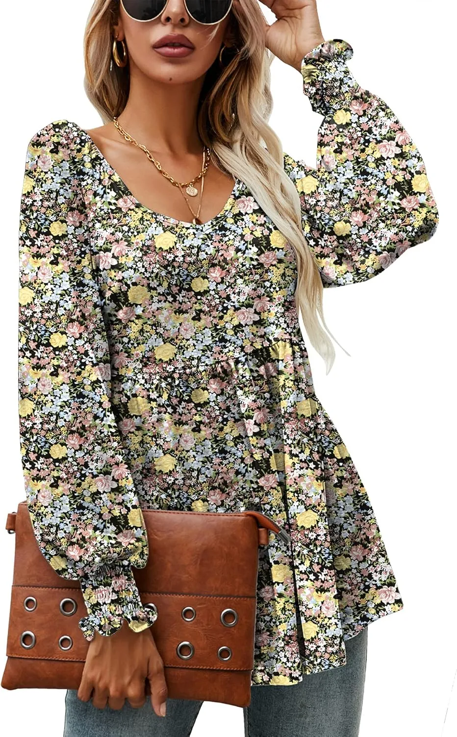 LOMON Womens Casual Fall Puff Long Sleeve Tunic Tops V Neck Flowy Babydoll Peplum Top Blouse T-Shirt 2024 Fashion S-3XL