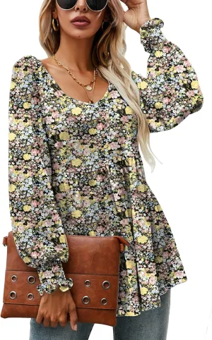 LOMON Womens Casual Fall Puff Long Sleeve Tunic Tops V Neck Flowy Babydoll Peplum Top Blouse T-Shirt 2024 Fashion S-3XL