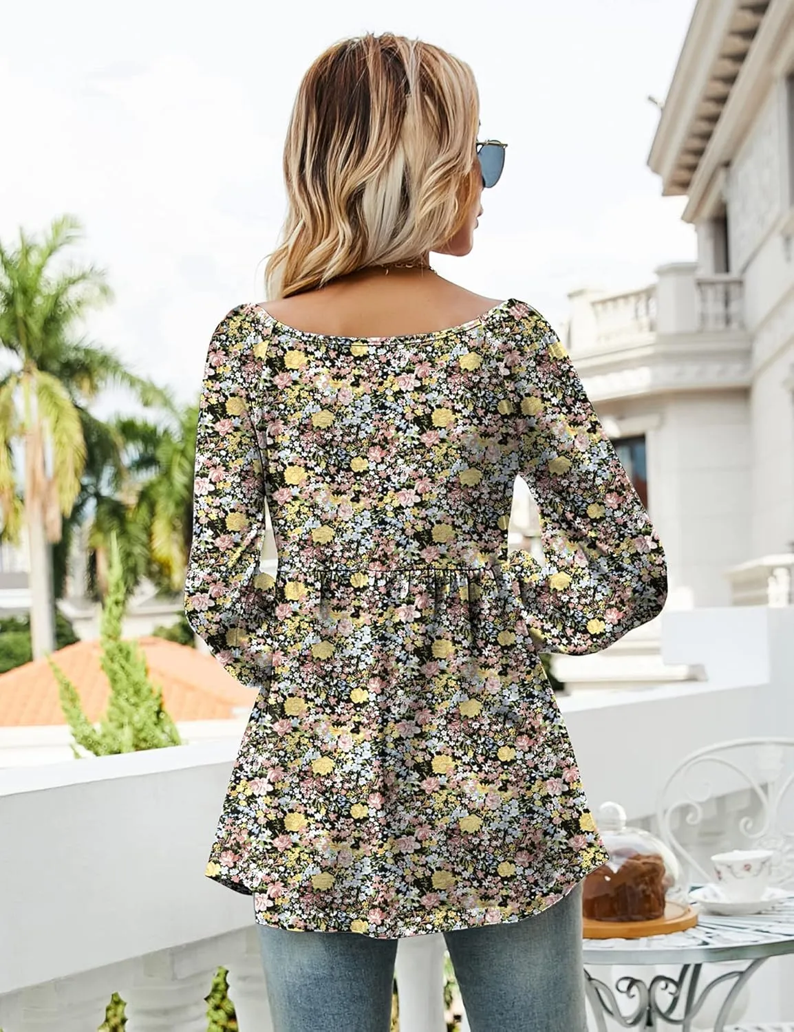 LOMON Womens Casual Fall Puff Long Sleeve Tunic Tops V Neck Flowy Babydoll Peplum Top Blouse T-Shirt 2024 Fashion S-3XL
