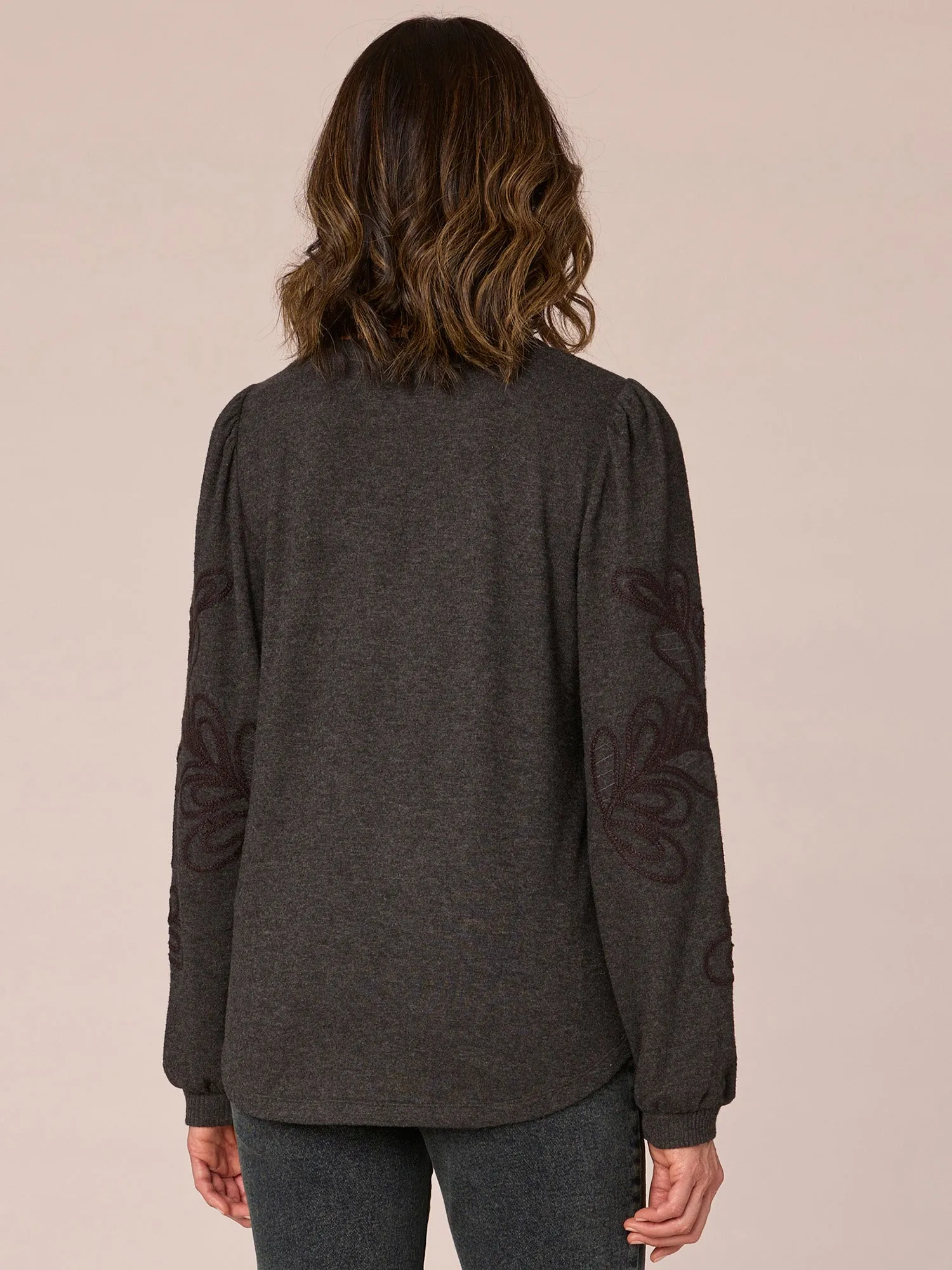 Long Blouson Sleeve Sweetheart Neck Embroidered Petite Knit Top