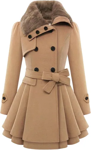 Maiyifu-GJ Womens Lapel Faux Fur Collar Wool Blend Trench Coat Vintage Double Breasted Long Jacket Casual Coat with Belt