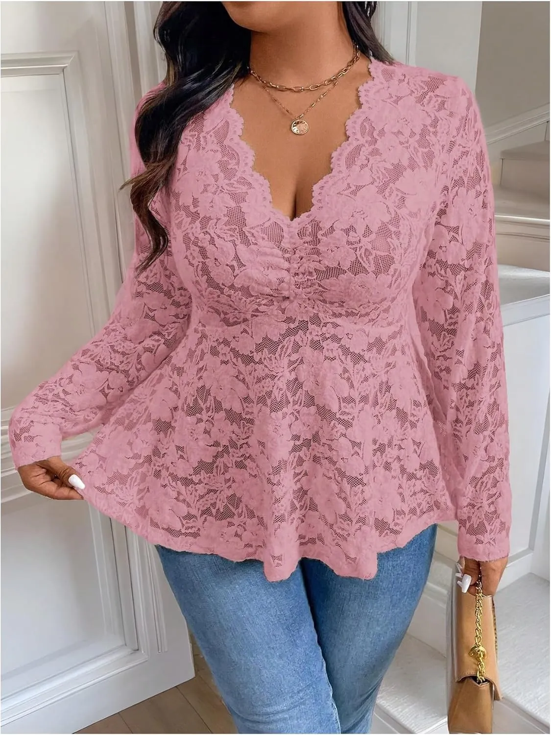 MakeMeChic Women's Plus Size Blouse Floral Lace V Neck Long Sleeve Babydoll Peplum Tops