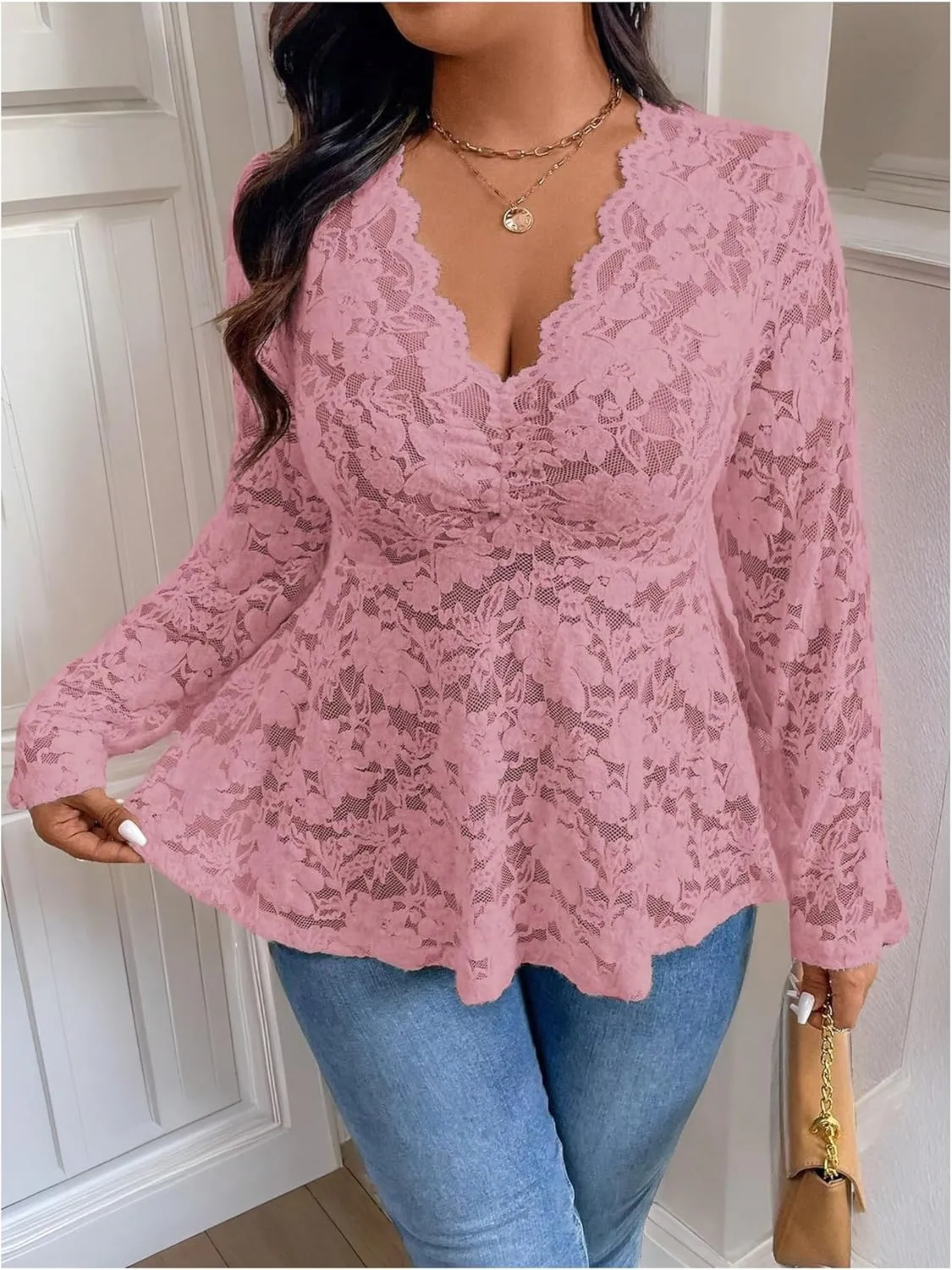 MakeMeChic Women's Plus Size Blouse Floral Lace V Neck Long Sleeve Babydoll Peplum Tops