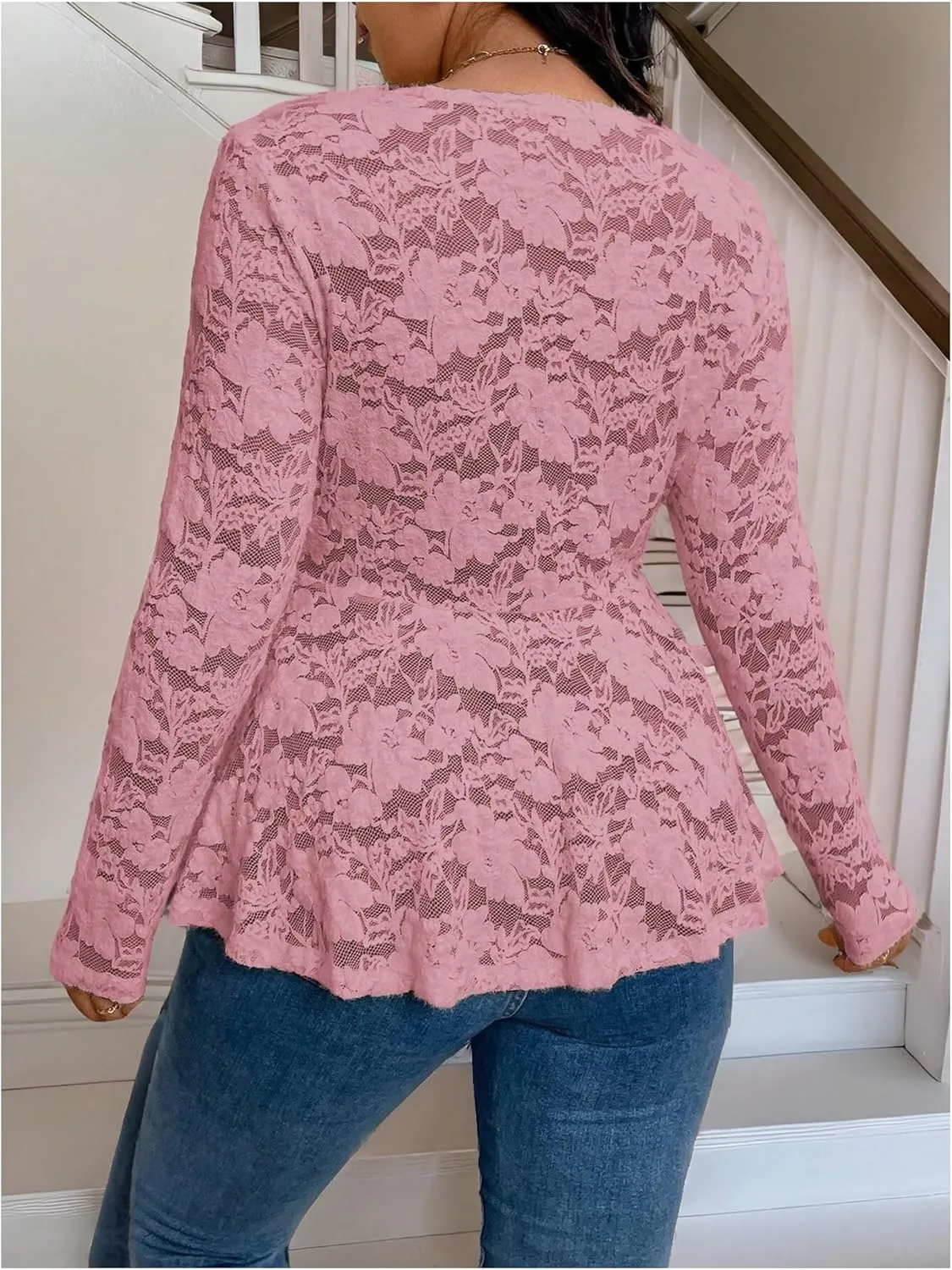MakeMeChic Women's Plus Size Blouse Floral Lace V Neck Long Sleeve Babydoll Peplum Tops