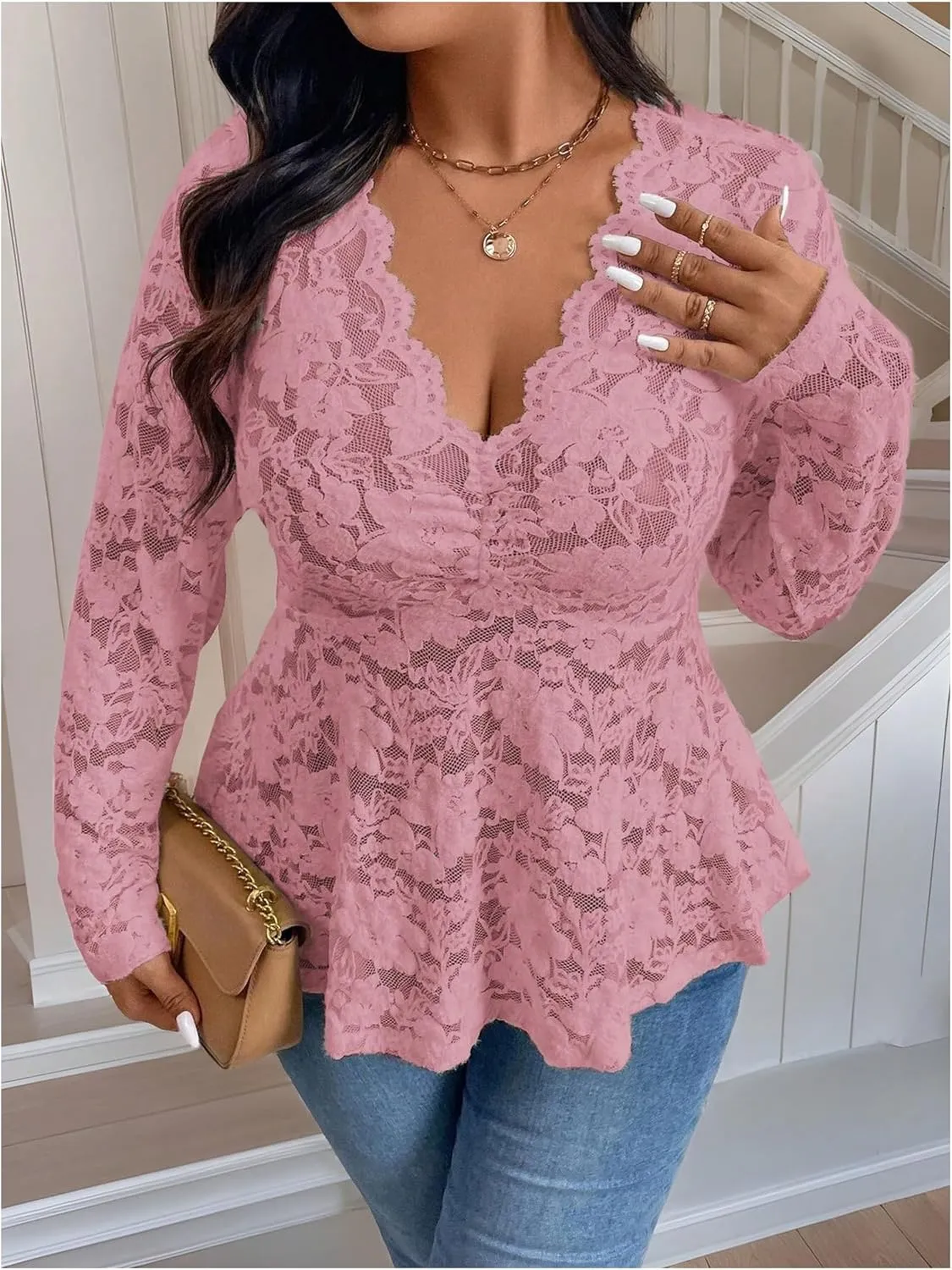 MakeMeChic Women's Plus Size Blouse Floral Lace V Neck Long Sleeve Babydoll Peplum Tops