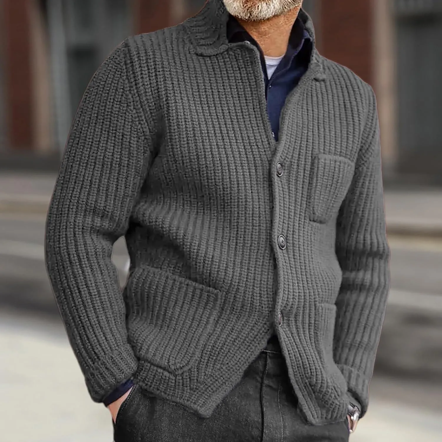 Mens Cable Knit Cardigan Sweater Button Down Casual Sweaters Ribbed Chunky Outwear with Pocket