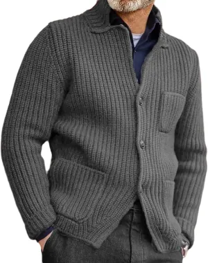 Mens Cable Knit Cardigan Sweater Button Down Casual Sweaters Ribbed Chunky Outwear with Pocket