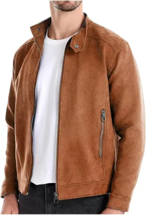 Men's Full Zip Suede Jacket Vintage Lightweight Casual Trucker Coat with Pockets