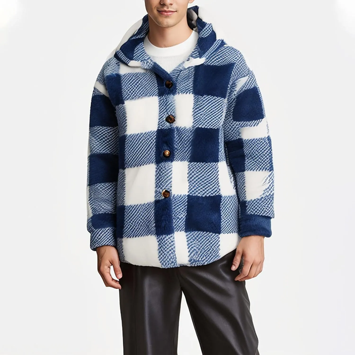Mens Plaid Jackets 2024 Winter Warm Fuzzy Fleece Cardigans Jackets Plus Size Button Down Long Sleeve Hooded Coat