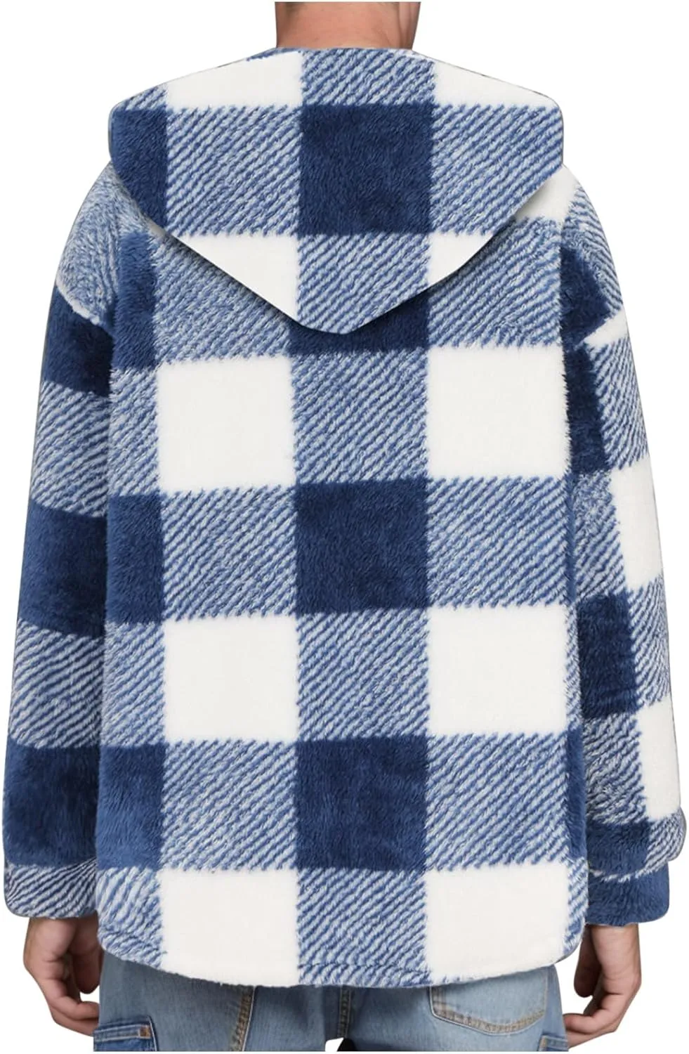 Mens Plaid Jackets 2024 Winter Warm Fuzzy Fleece Cardigans Jackets Plus Size Button Down Long Sleeve Hooded Coat