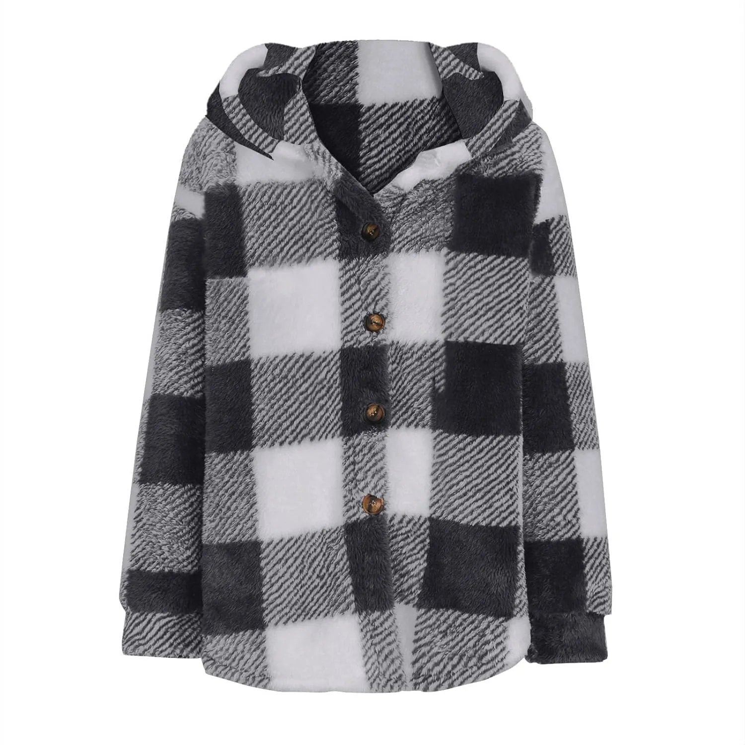 Mens Plaid Jackets 2024 Winter Warm Fuzzy Fleece Cardigans Jackets Plus Size Button Down Long Sleeve Hooded Coat