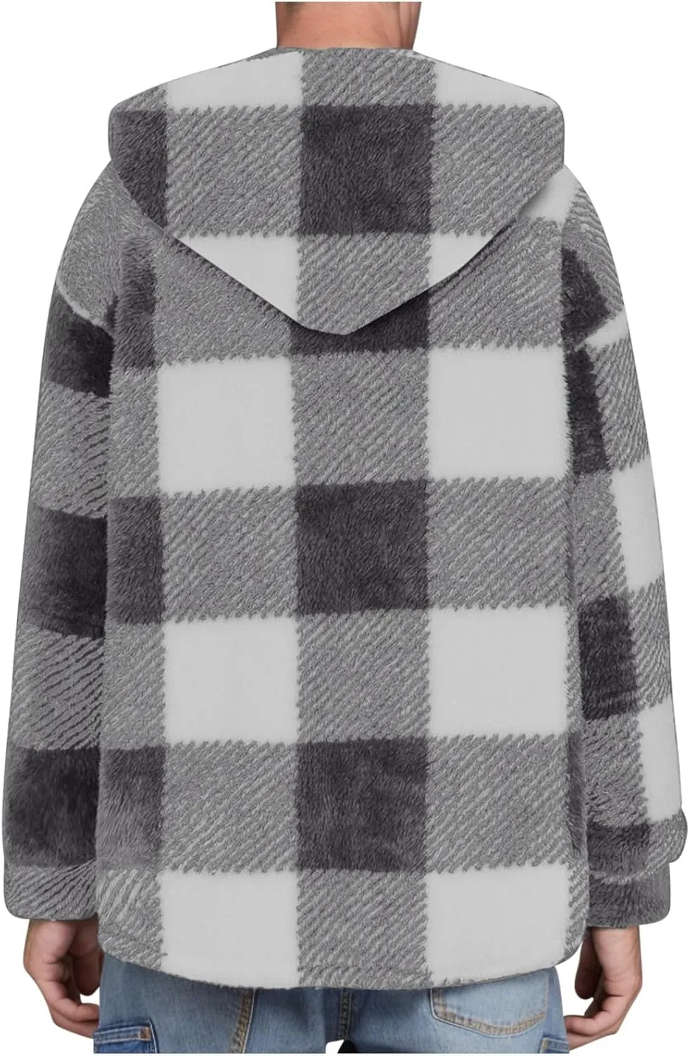 Mens Plaid Jackets 2024 Winter Warm Fuzzy Fleece Cardigans Jackets Plus Size Button Down Long Sleeve Hooded Coat