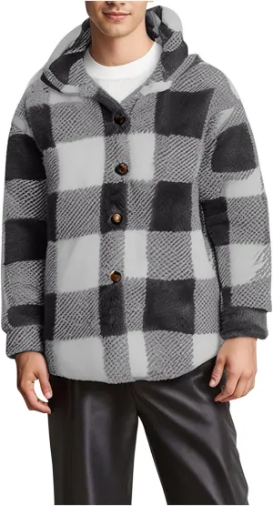 Mens Plaid Jackets 2024 Winter Warm Fuzzy Fleece Cardigans Jackets Plus Size Button Down Long Sleeve Hooded Coat