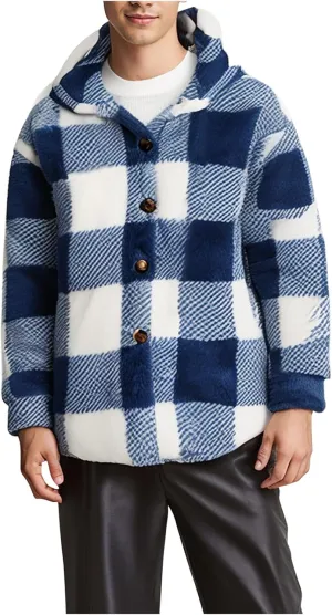 Mens Plaid Jackets 2024 Winter Warm Fuzzy Fleece Cardigans Jackets Plus Size Button Down Long Sleeve Hooded Coat
