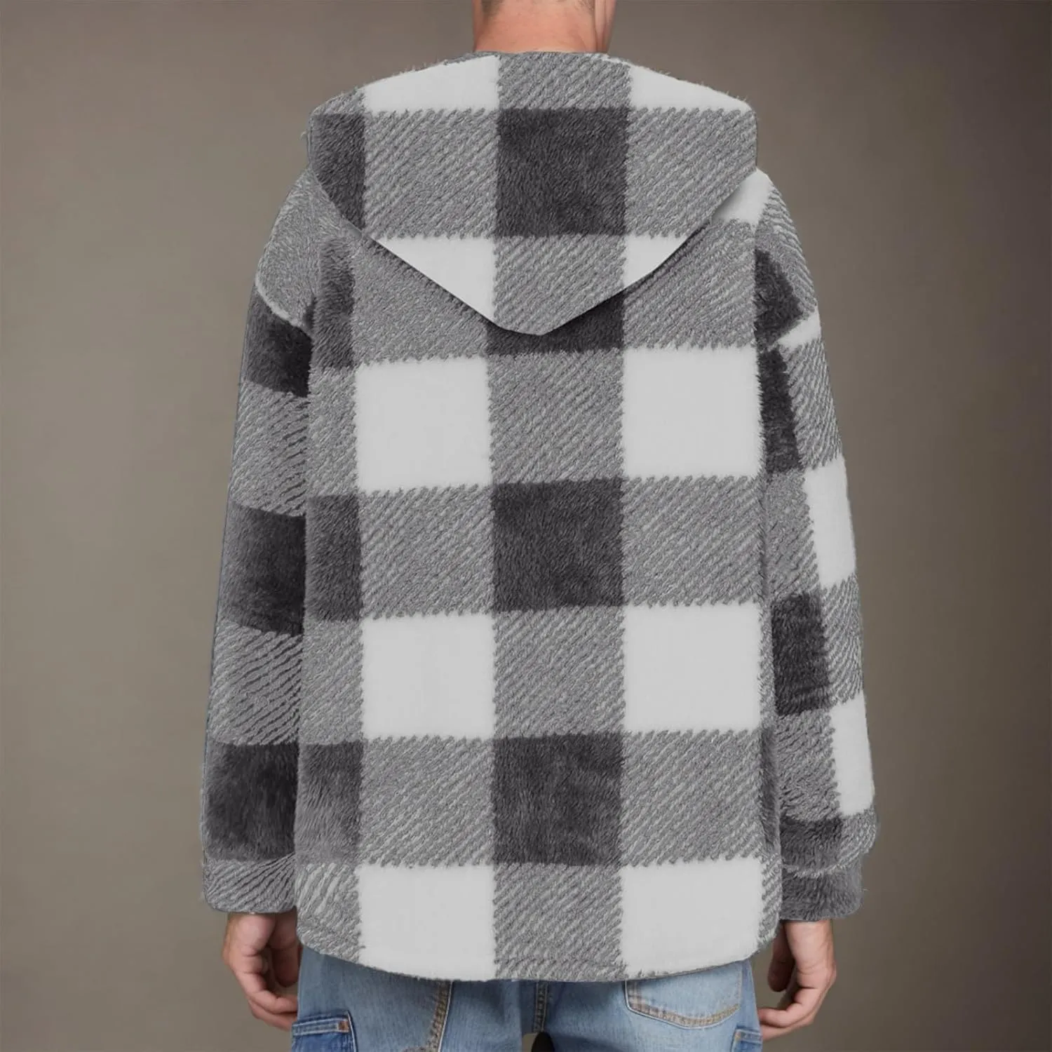 Mens Plaid Jackets 2024 Winter Warm Fuzzy Fleece Cardigans Jackets Plus Size Button Down Long Sleeve Hooded Coat