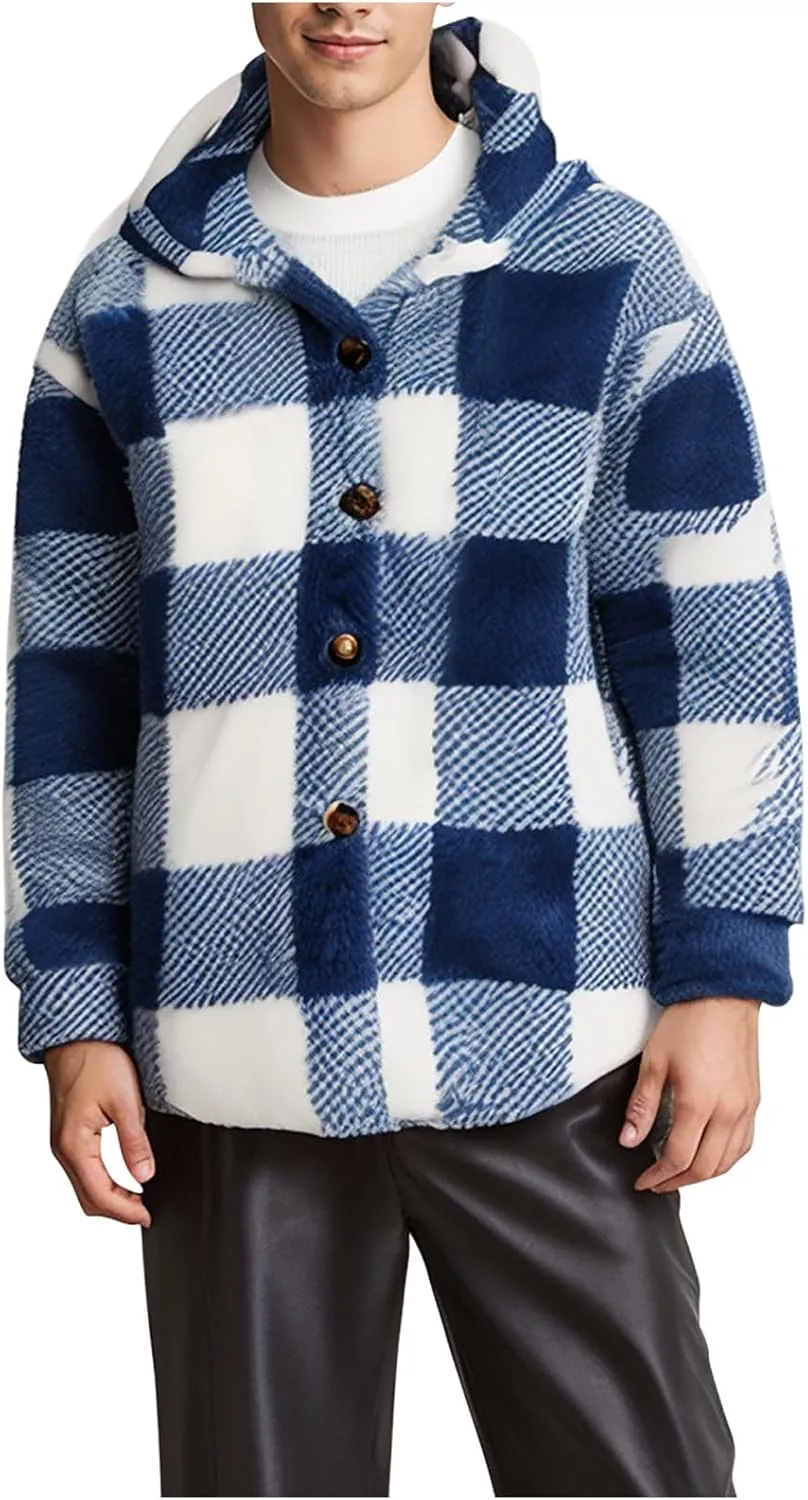 Mens Plaid Jackets 2024 Winter Warm Fuzzy Fleece Cardigans Jackets Plus Size Button Down Long Sleeve Hooded Coat