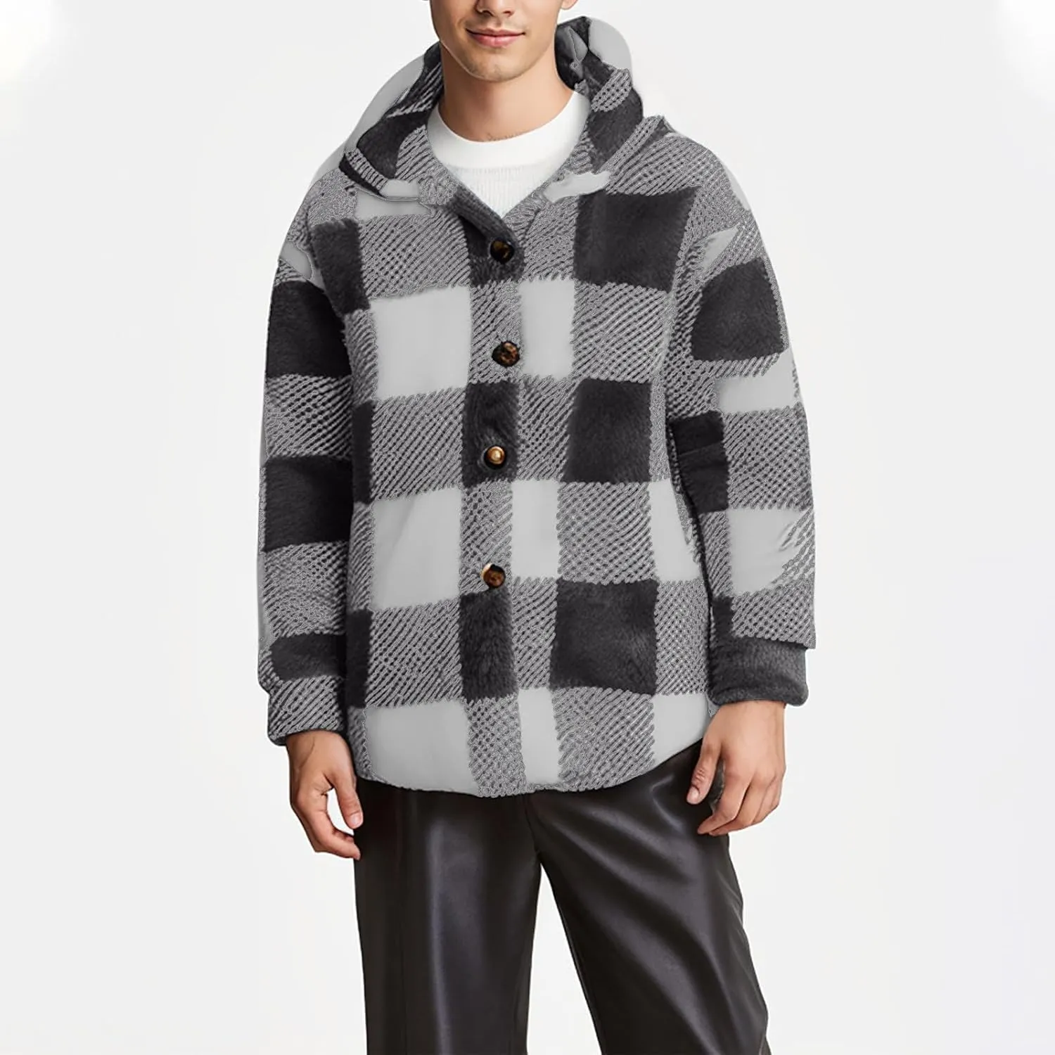 Mens Plaid Jackets 2024 Winter Warm Fuzzy Fleece Cardigans Jackets Plus Size Button Down Long Sleeve Hooded Coat