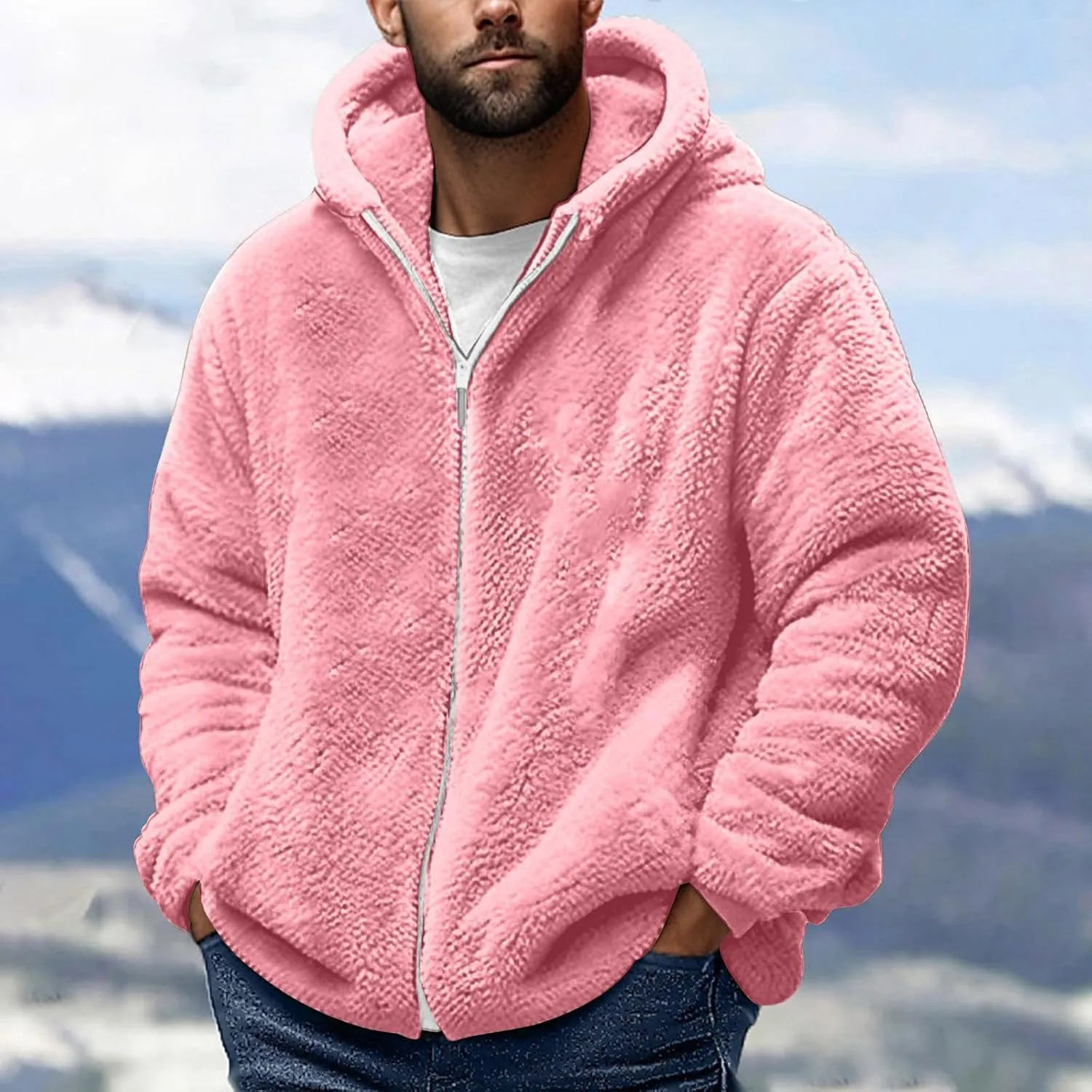 Men's Winter Hoodies Sherpa Fleece Jacket Warm Lightweight Plush Fuzzy Sweatshirt Zip Up Outwear Faux Fur Fluffy Coat