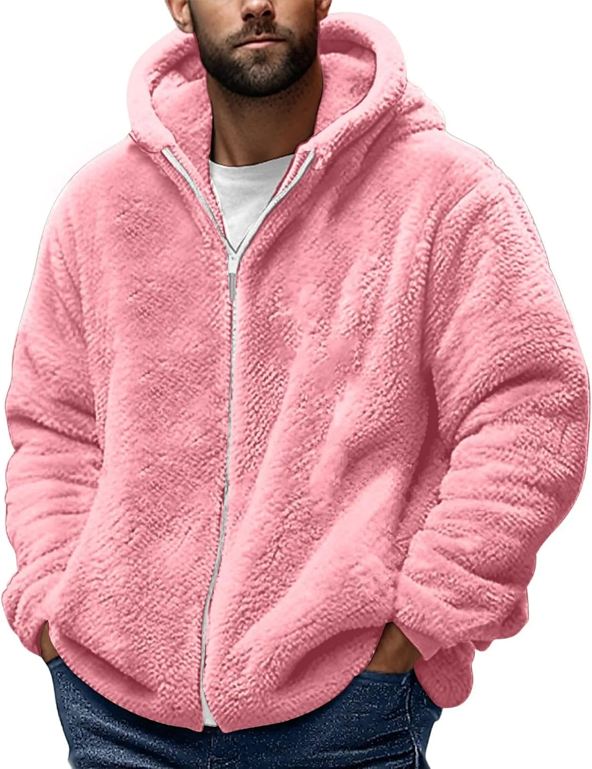 Men's Winter Hoodies Sherpa Fleece Jacket Warm Lightweight Plush Fuzzy Sweatshirt Zip Up Outwear Faux Fur Fluffy Coat