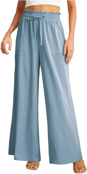 Palazzo Pants High Waist Pants for Women Ruched Elastic Waist Trouser Straight Leg Pants Soft Yoga Pant Lounge Pants