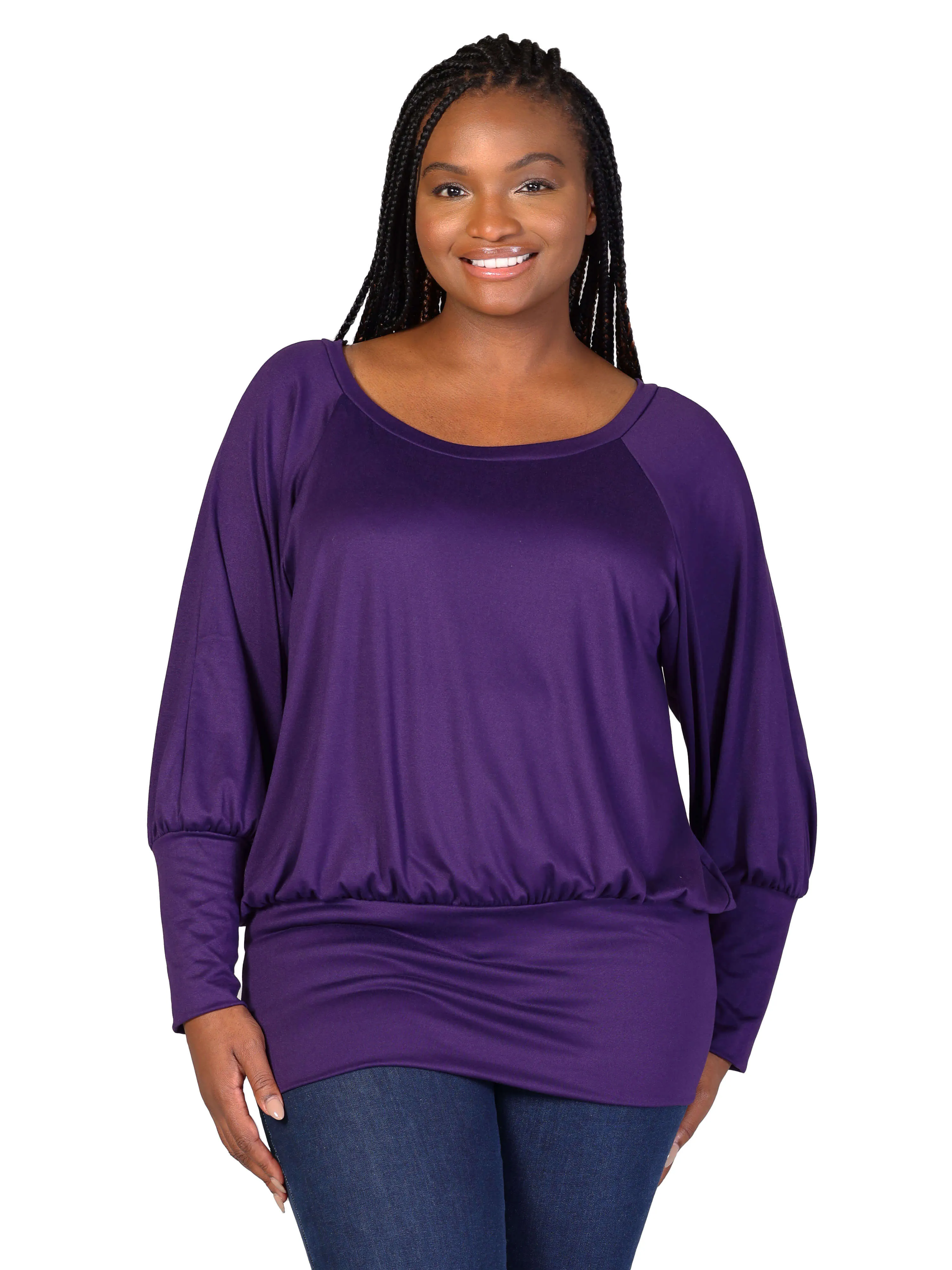Plus Size Round Neck Long Blouson Sleeve Banded Bottom Top