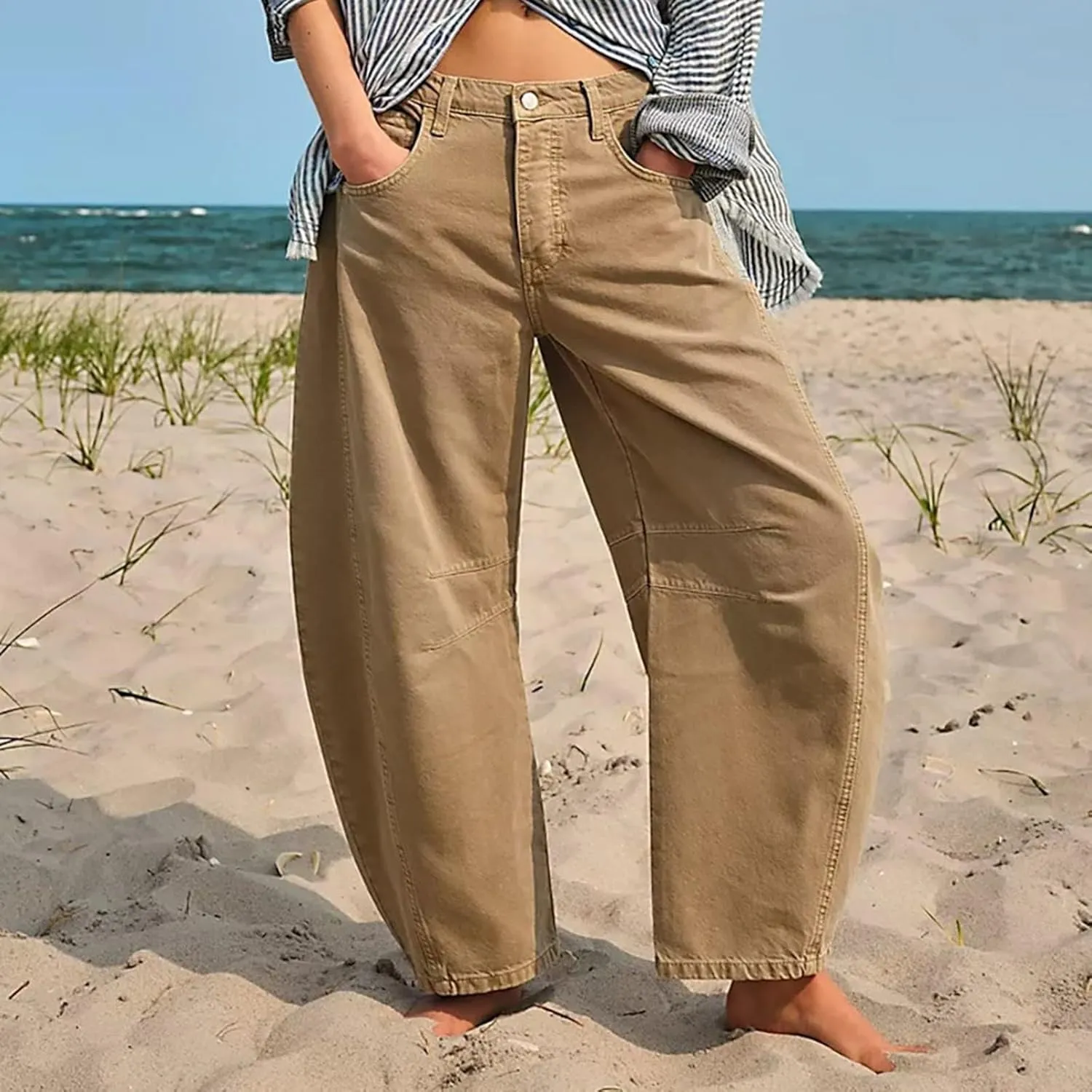 Plus Size Women's Barrel Jeans High Waisted Casual Straight Leg Stretchy Denim Pant Trendy Wide Leg Long Trouser 2024