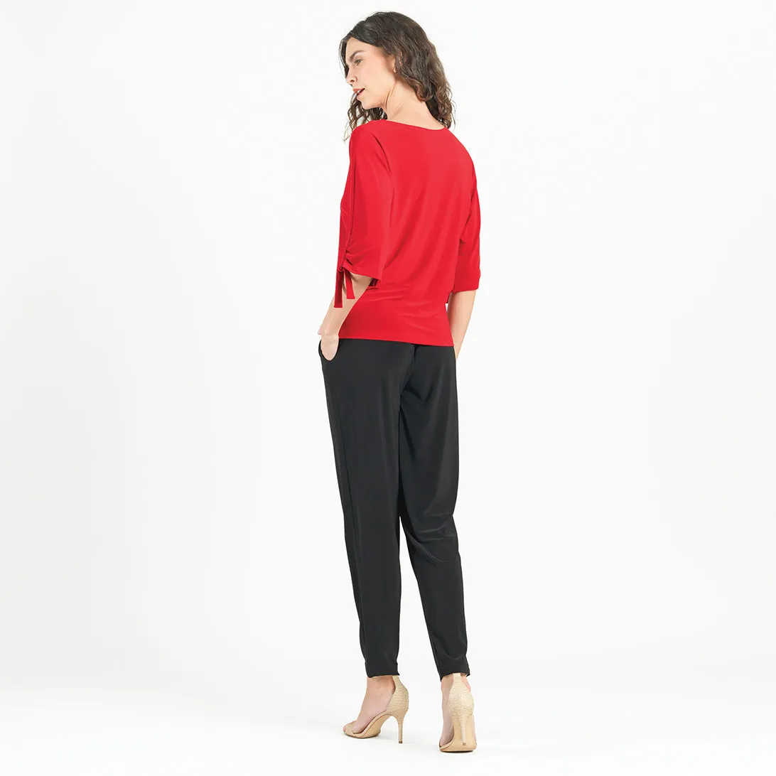 Pull-Tie Cuff Blouson Top - Red