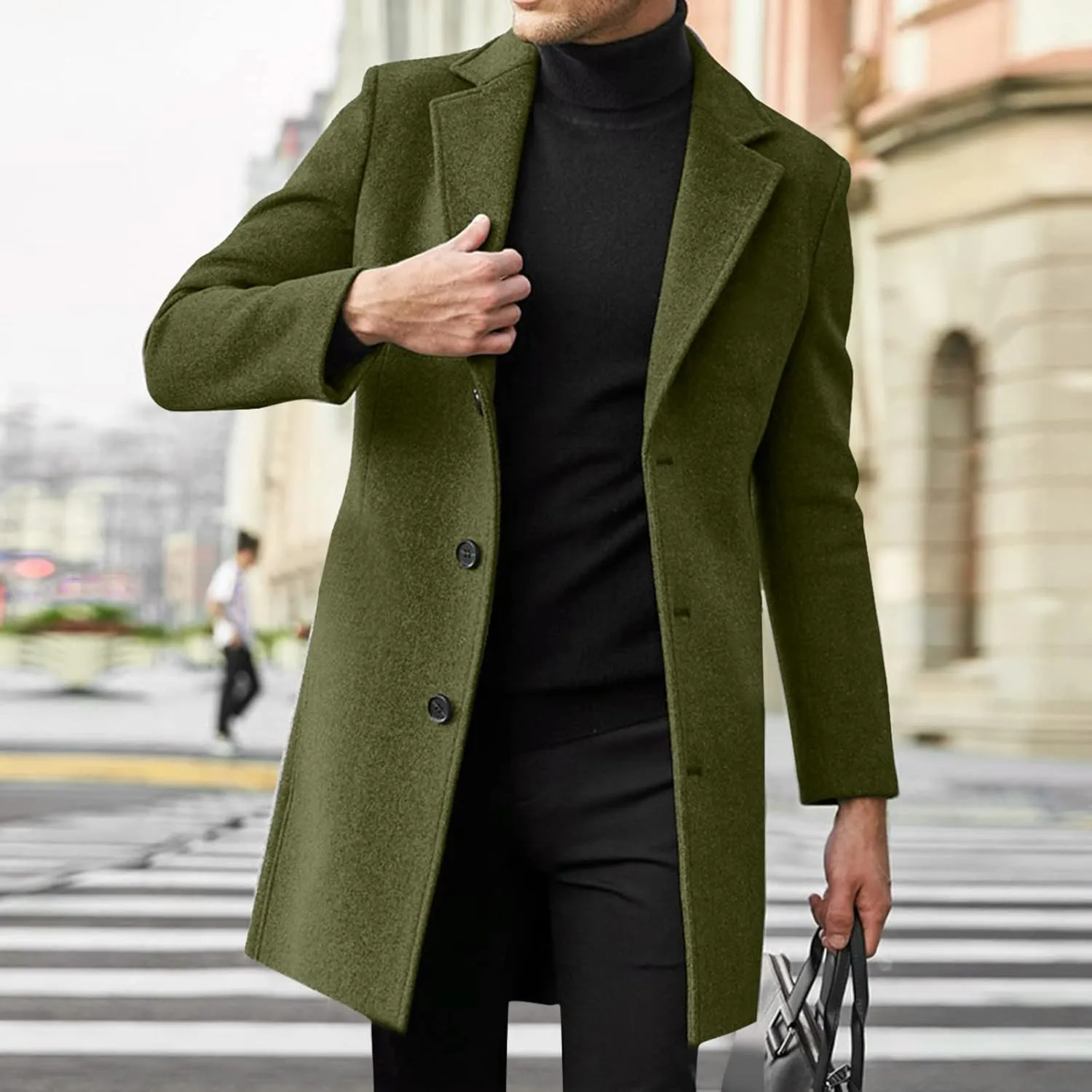 QWENTMTNTY Wool Pea Coats for Men Winter Slim Fit Casual Single Breasted Trench Coat Mid-Length Thermal Business Peacoat