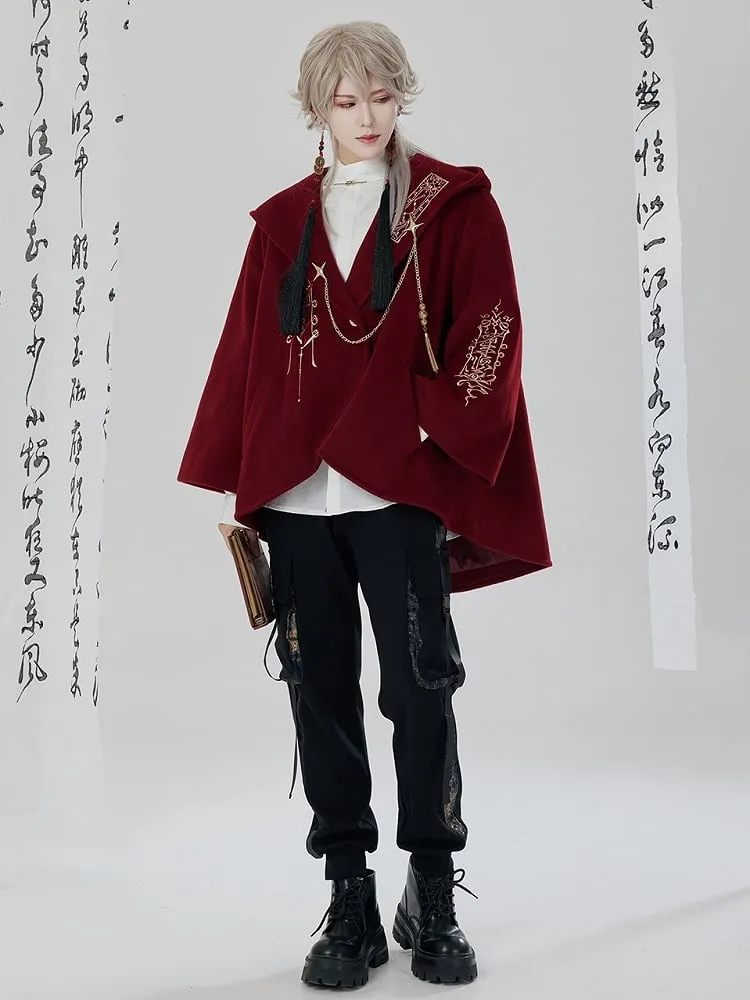 Red New Year Outfit Details Unisex Hooded Cape Coat