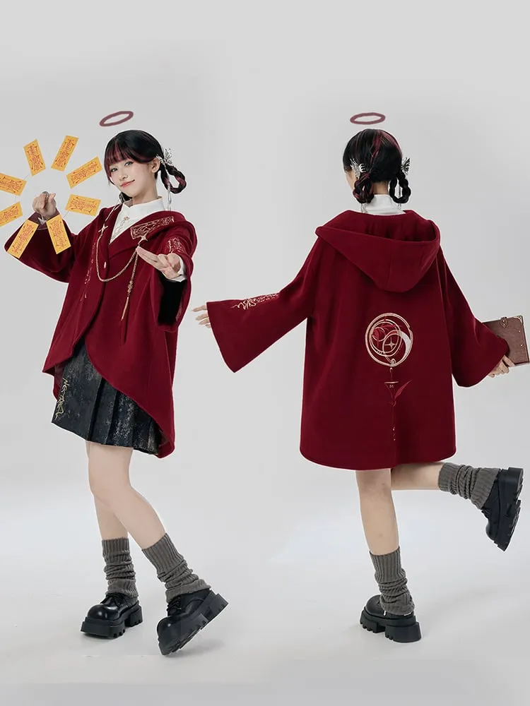 Red New Year Outfit Details Unisex Hooded Cape Coat