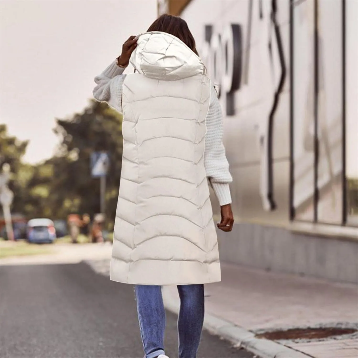 SACFOF Women's Long Puffer Vest Jacket Hoodies Full Zipper Sleeveless Down Coats Thickened Warm Windbreakers Outerwear