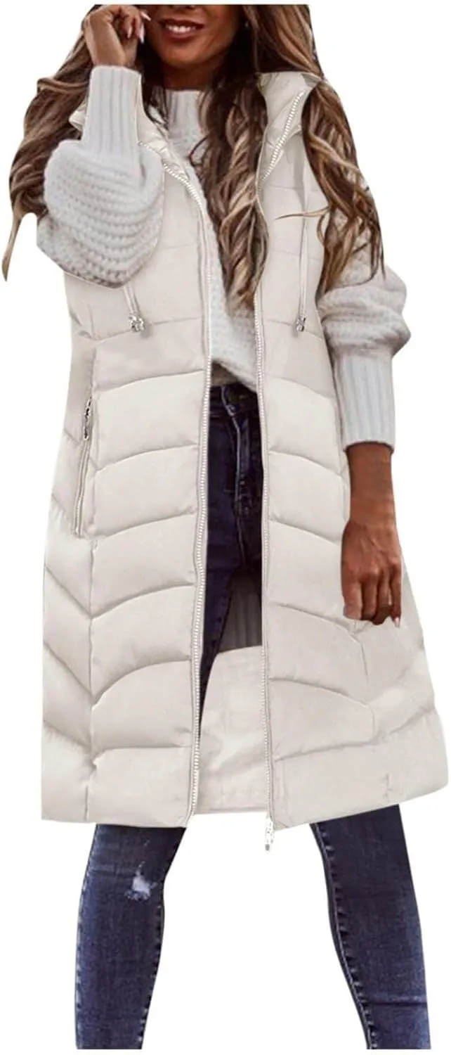 SACFOF Women's Long Puffer Vest Jacket Hoodies Full Zipper Sleeveless Down Coats Thickened Warm Windbreakers Outerwear