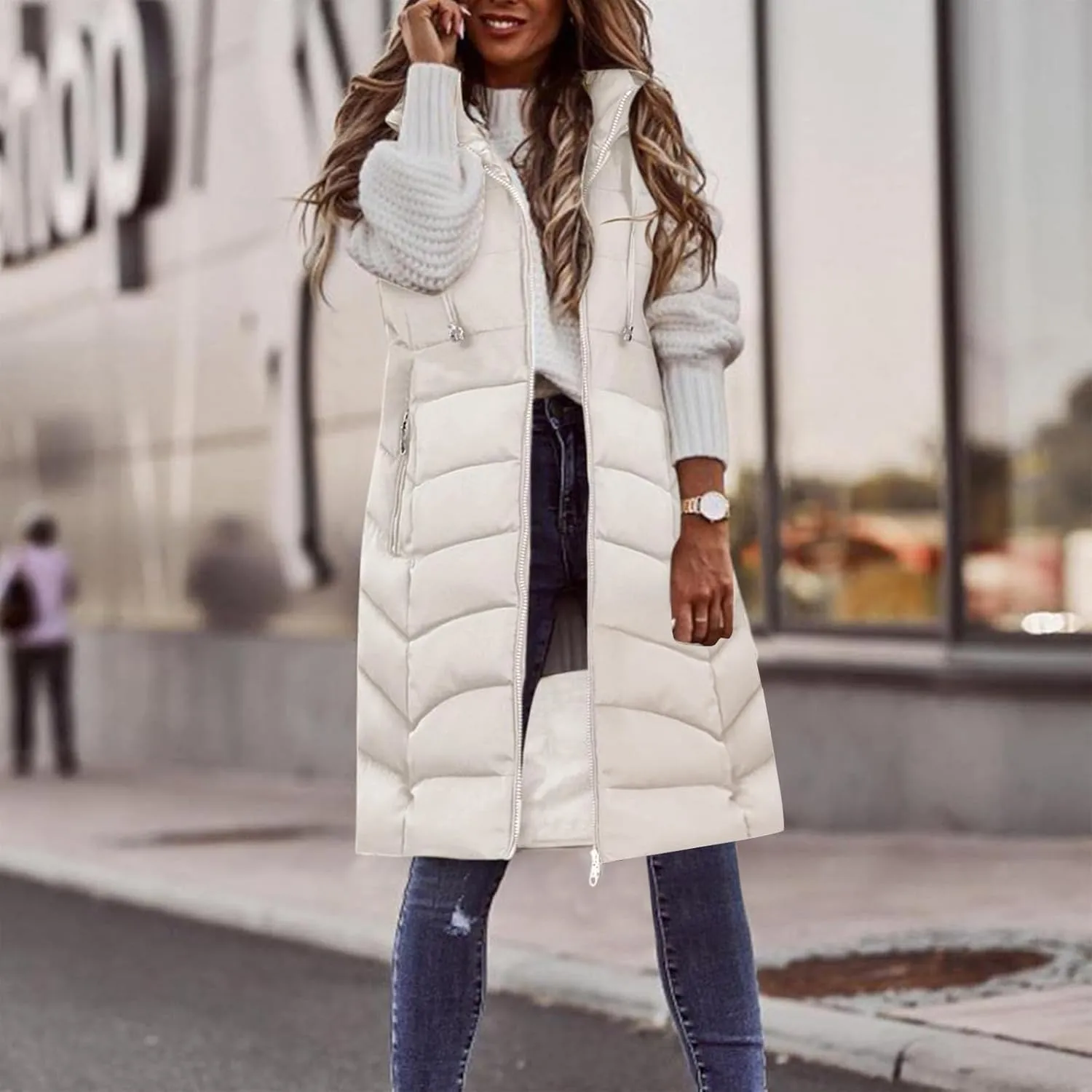 SACFOF Women's Long Puffer Vest Jacket Hoodies Full Zipper Sleeveless Down Coats Thickened Warm Windbreakers Outerwear