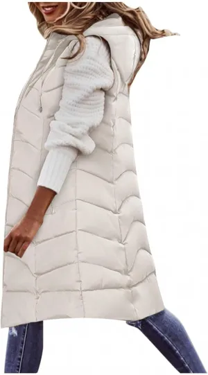 SACFOF Women's Long Puffer Vest Jacket Hoodies Full Zipper Sleeveless Down Coats Thickened Warm Windbreakers Outerwear