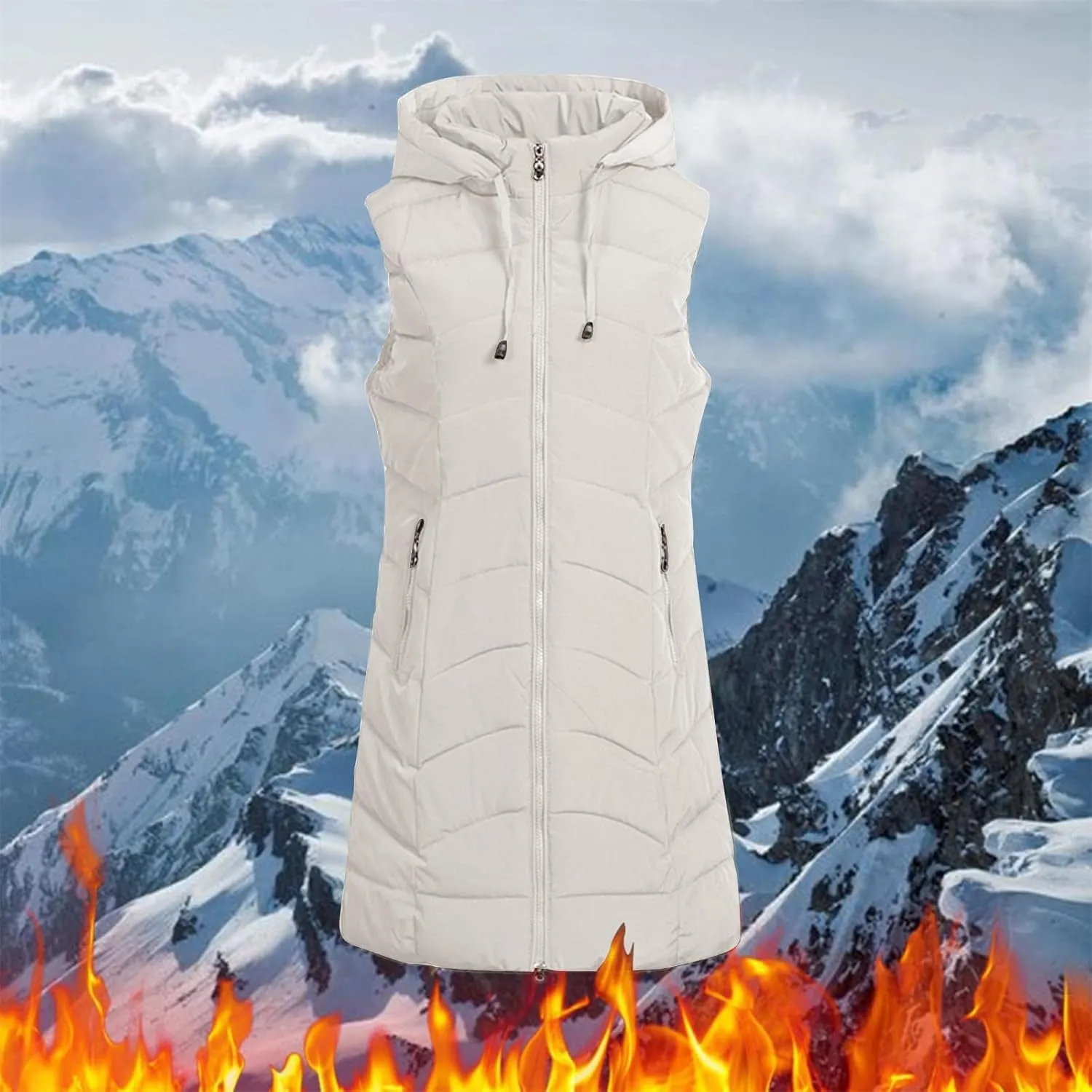 SACFOF Women's Long Puffer Vest Jacket Hoodies Full Zipper Sleeveless Down Coats Thickened Warm Windbreakers Outerwear