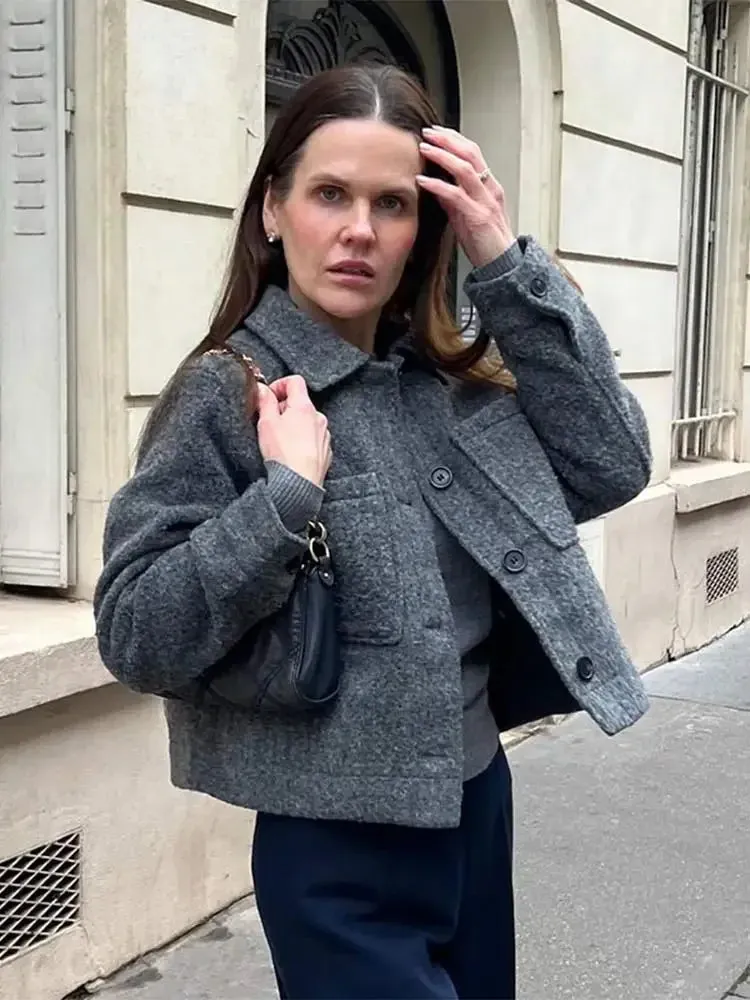 Solid Single-breasted Short Cotton Chic Lapel Long Sleeves Cropped Warm Elegant Coat