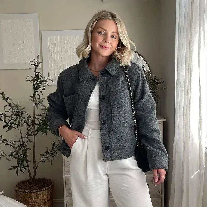 Solid Single-breasted Short Cotton Chic Lapel Long Sleeves Cropped Warm Elegant Coat