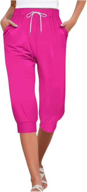 Women Drawstring Capris 2025 Loose Cropped Pants with Pockets Workout Sweatpants Causal Lounge Pants for Summer
