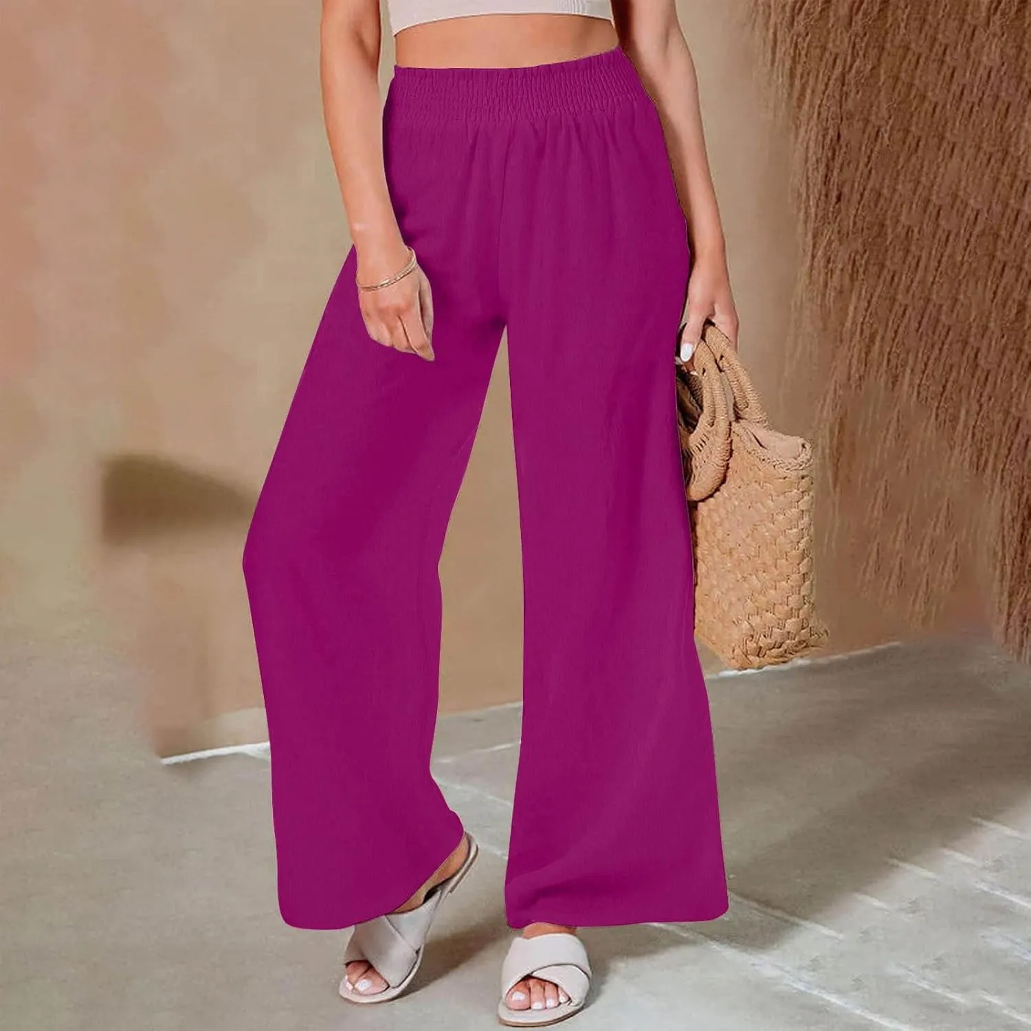 Women's Casual Loose Pants Wide Leg Elastic High Waisted Straight Leg Linen Pants Solid Color Running Workout Trouser