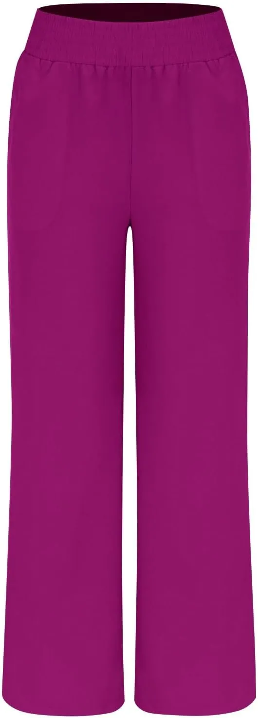 Women's Casual Loose Pants Wide Leg Elastic High Waisted Straight Leg Linen Pants Solid Color Running Workout Trouser
