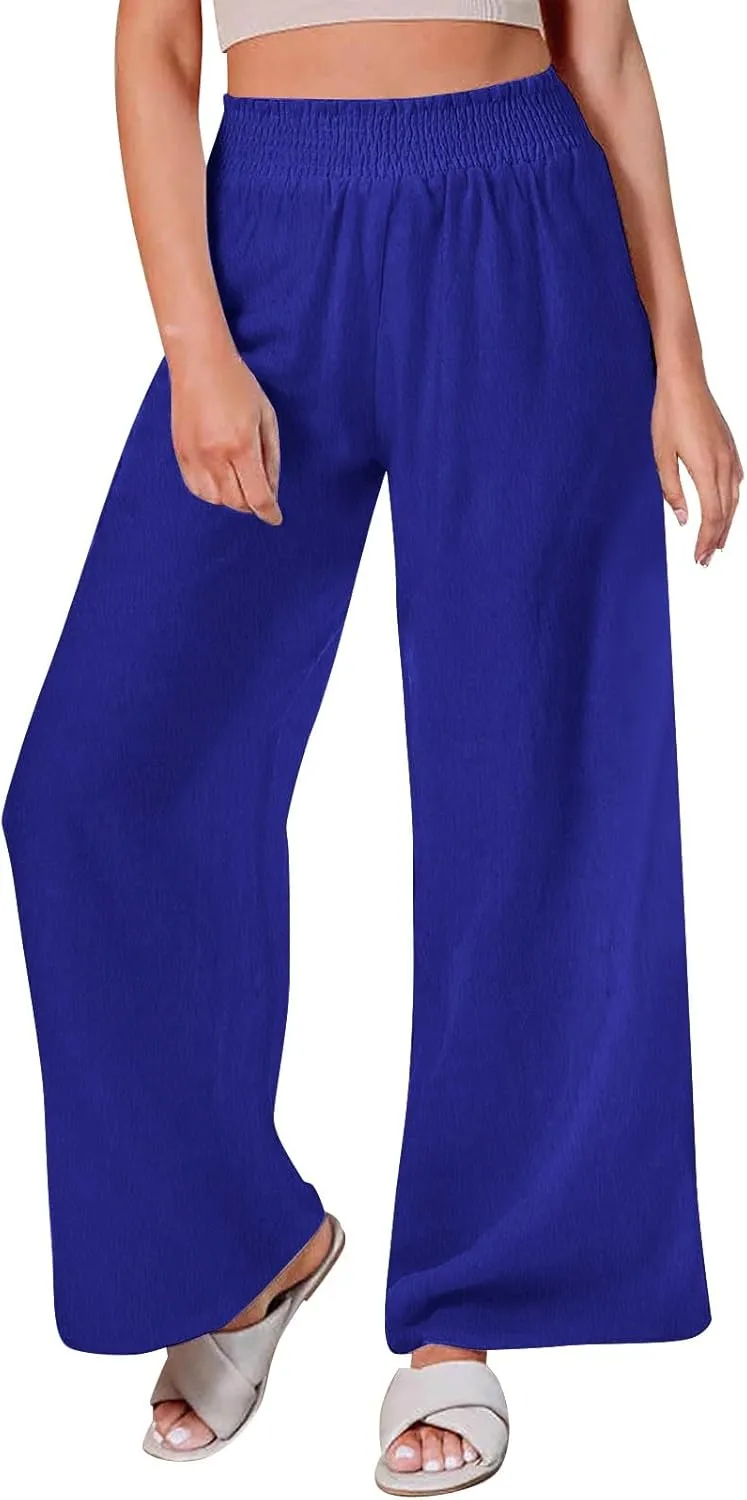 Women's Casual Loose Pants Wide Leg Elastic High Waisted Straight Leg Linen Pants Solid Color Running Workout Trouser