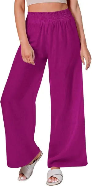 Women's Casual Loose Pants Wide Leg Elastic High Waisted Straight Leg Linen Pants Solid Color Running Workout Trouser